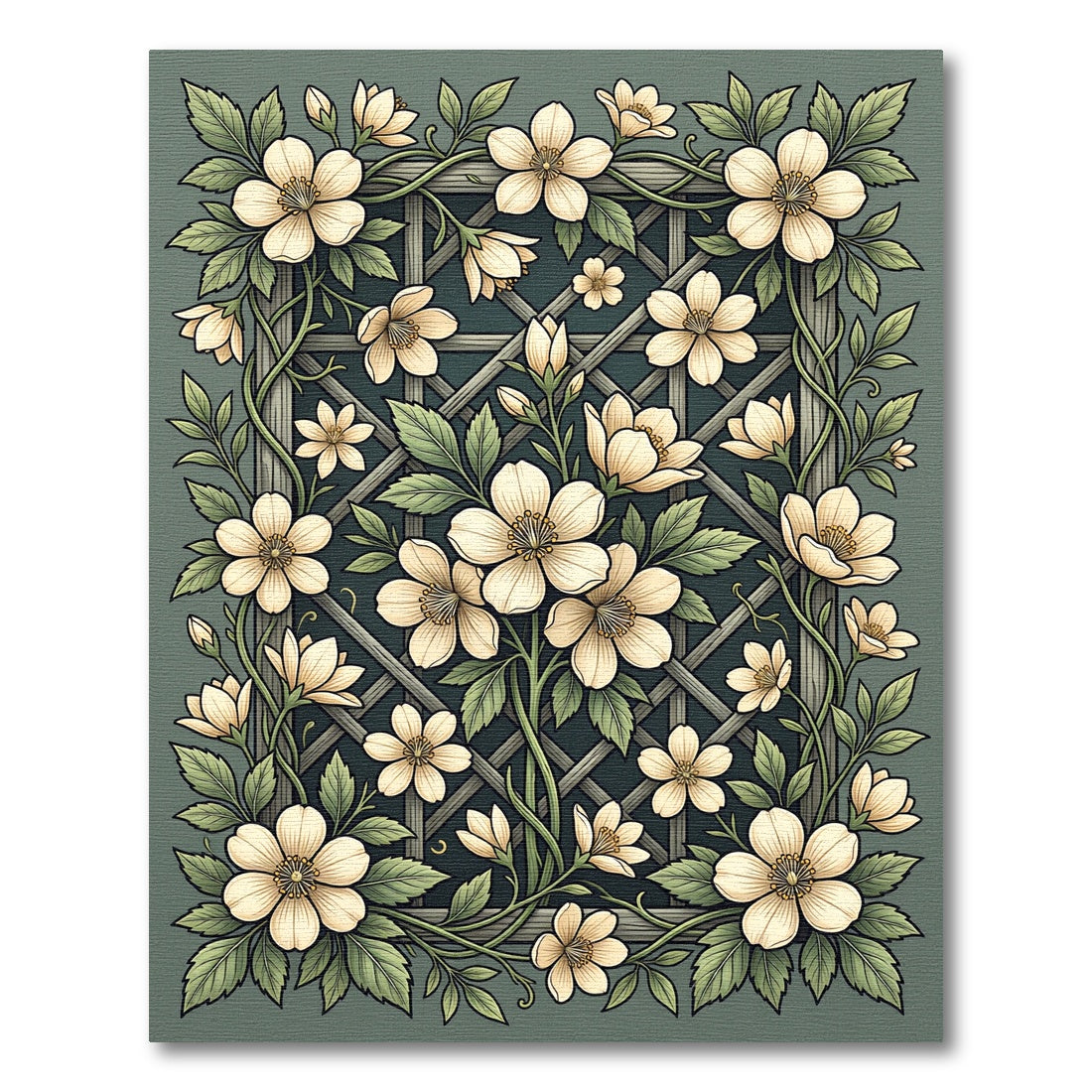 Sage Green Cream Floral Trellis Rug