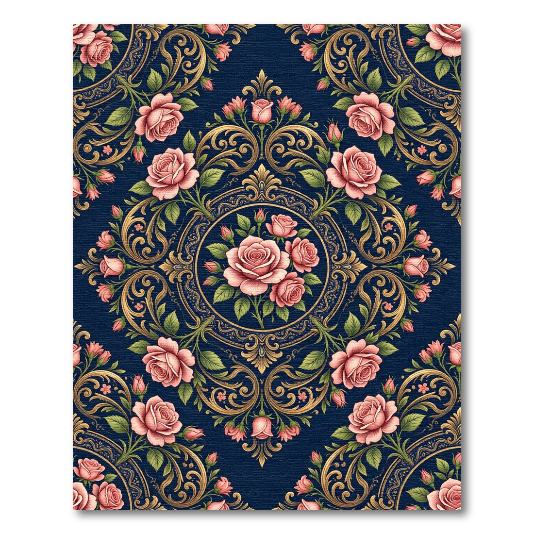 Elegant Navy Gold Rose Floral Medallion Rug