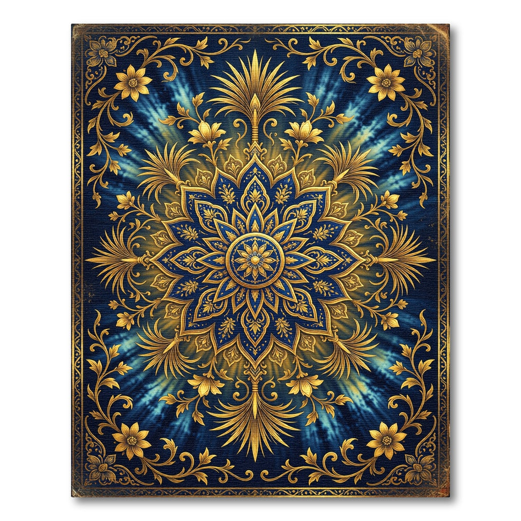 Golden Royal Blue Floral Sunburst Rug