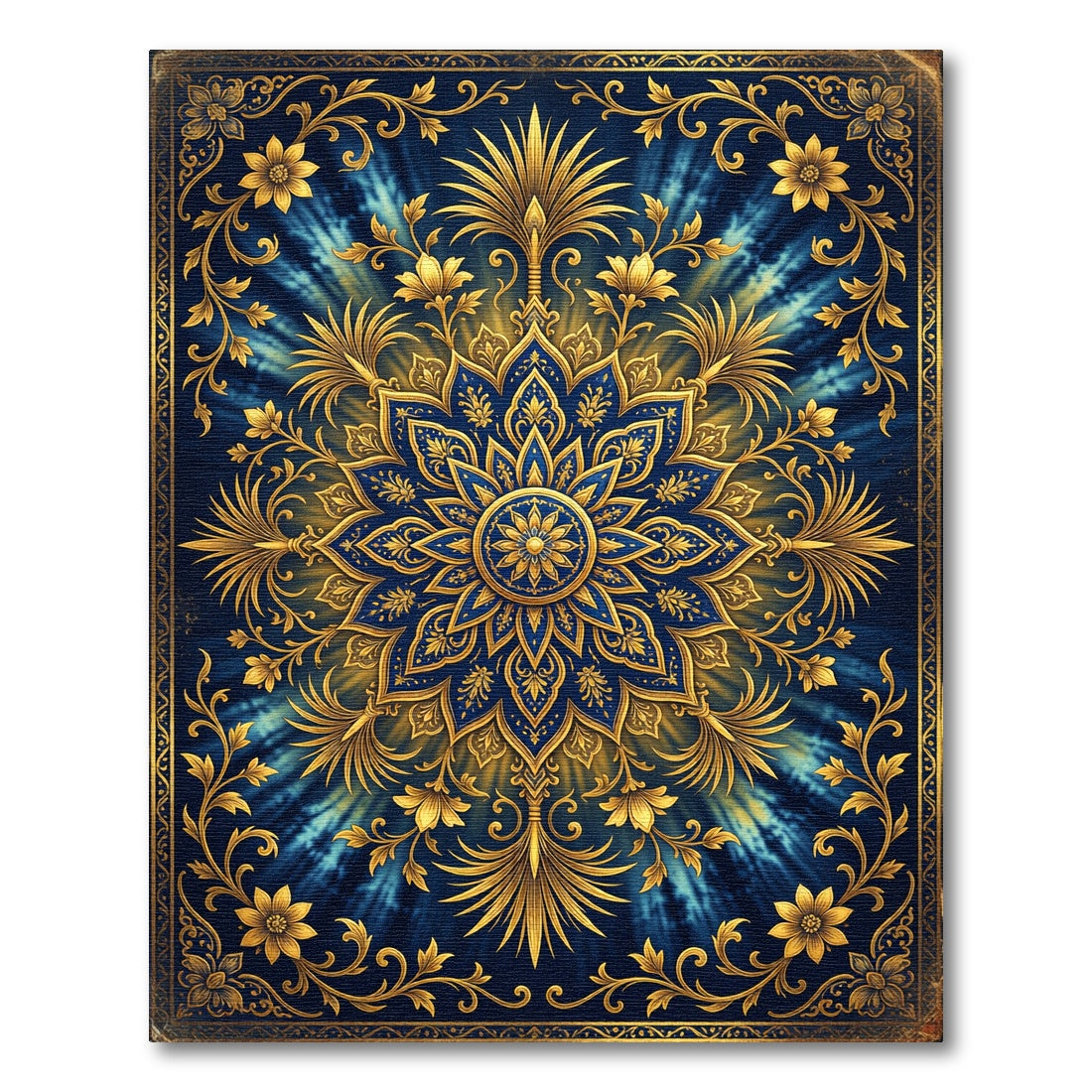Golden Royal Blue Floral Sunburst Rug