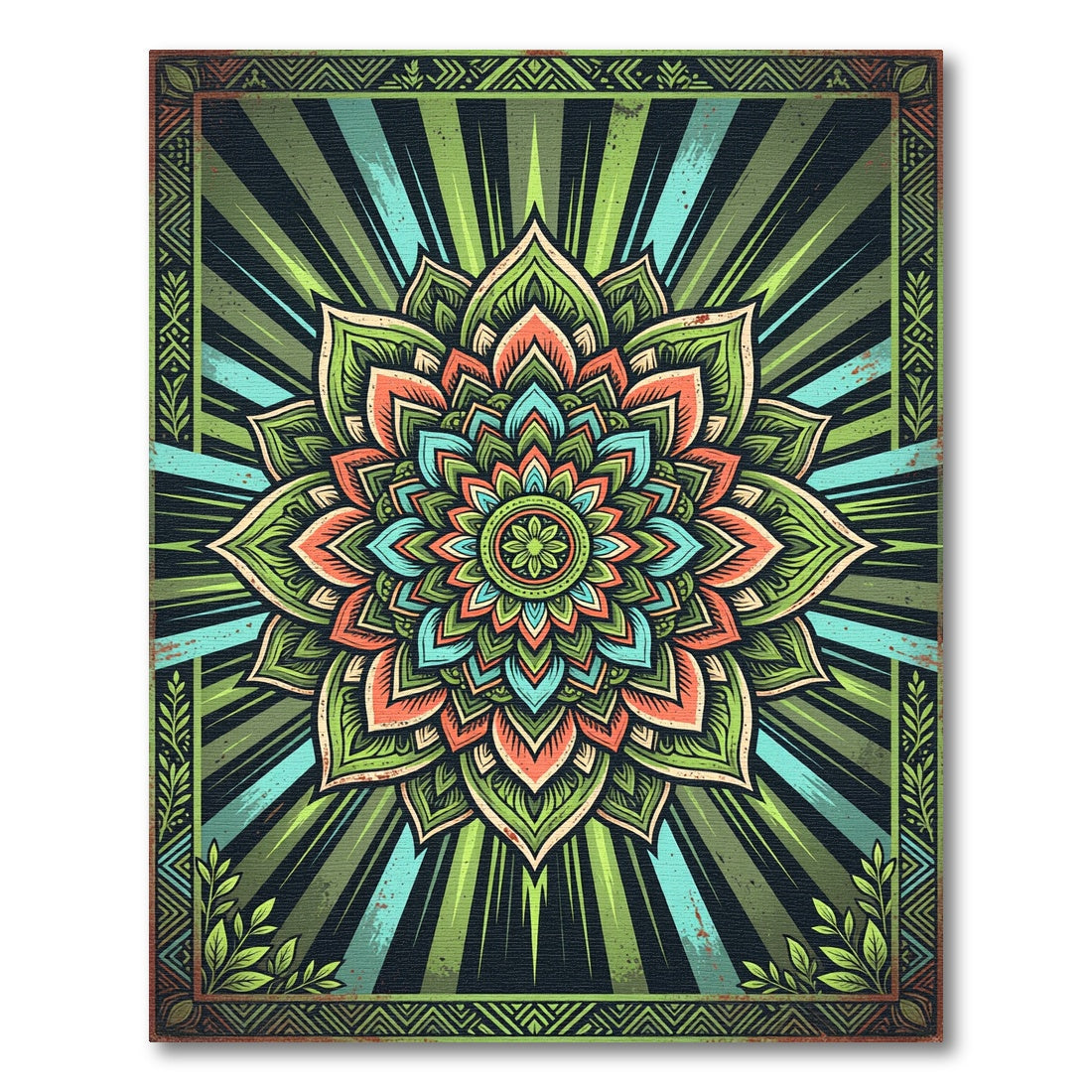 Radiant Green Boho Floral Mandala Rug
