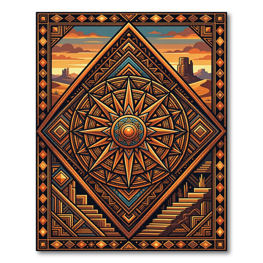 Golden Desert Sun Geometric Radiant Compass Rug