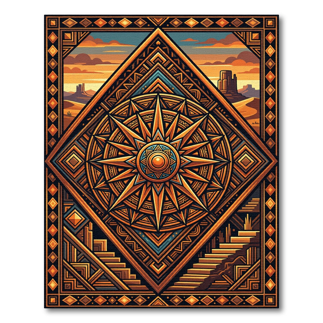 Golden Desert Sun Geometric Radiant Compass Rug