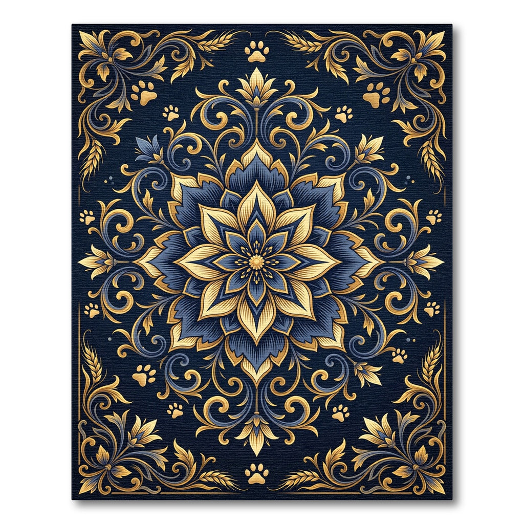 Elegant Navy Gold Floral Paw Mandala Rug