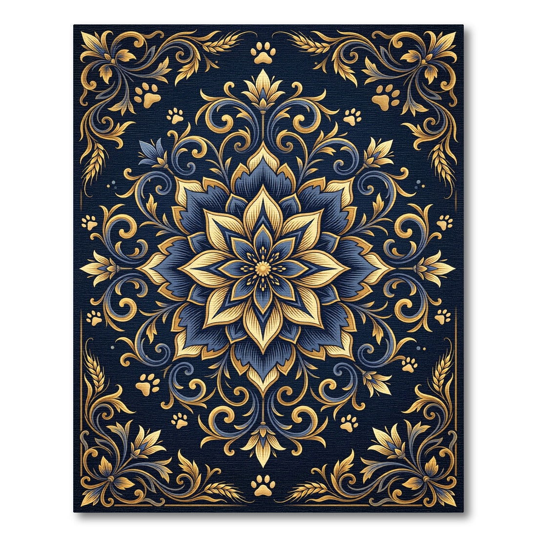 Elegant Navy Gold Floral Paw Mandala Rug