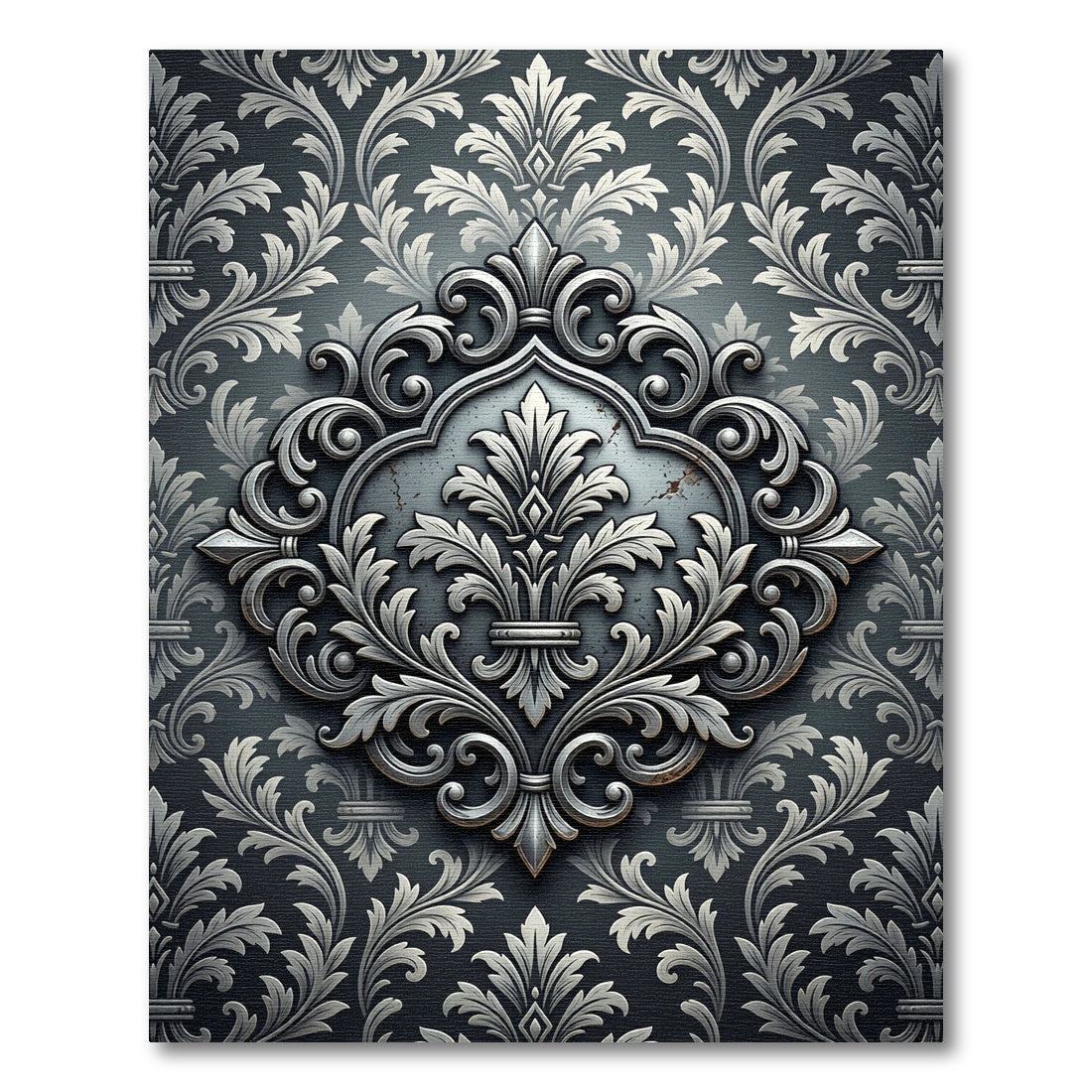 Elegant Silver Damask Filigree Medallion Rug
