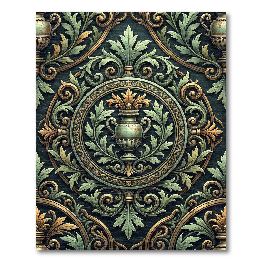 Neo Classical Sage Green Urn Medallion Rug