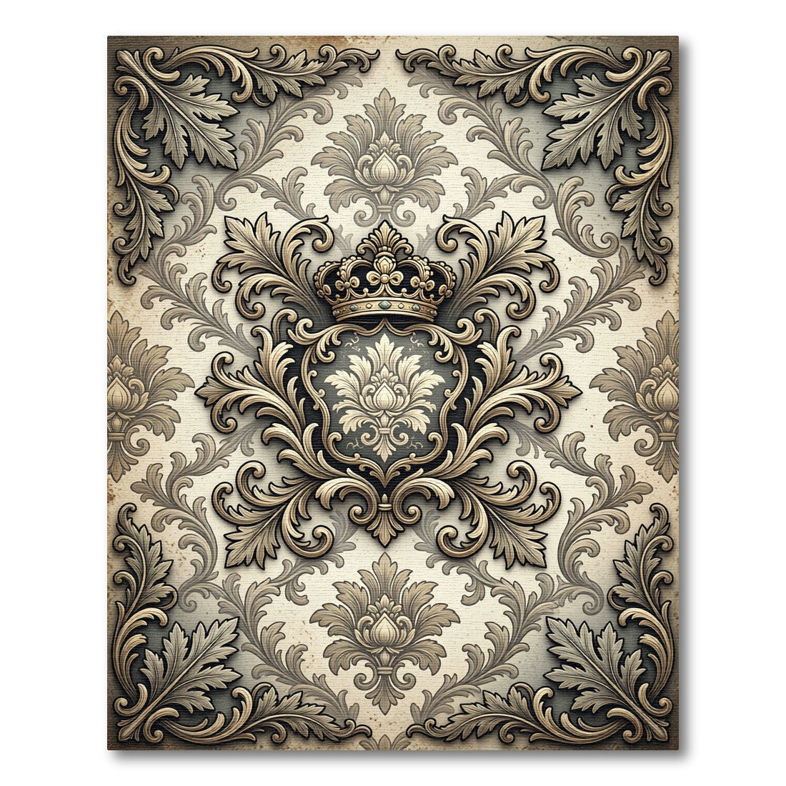 Elegant Gold Damask Crown Crest Rug
