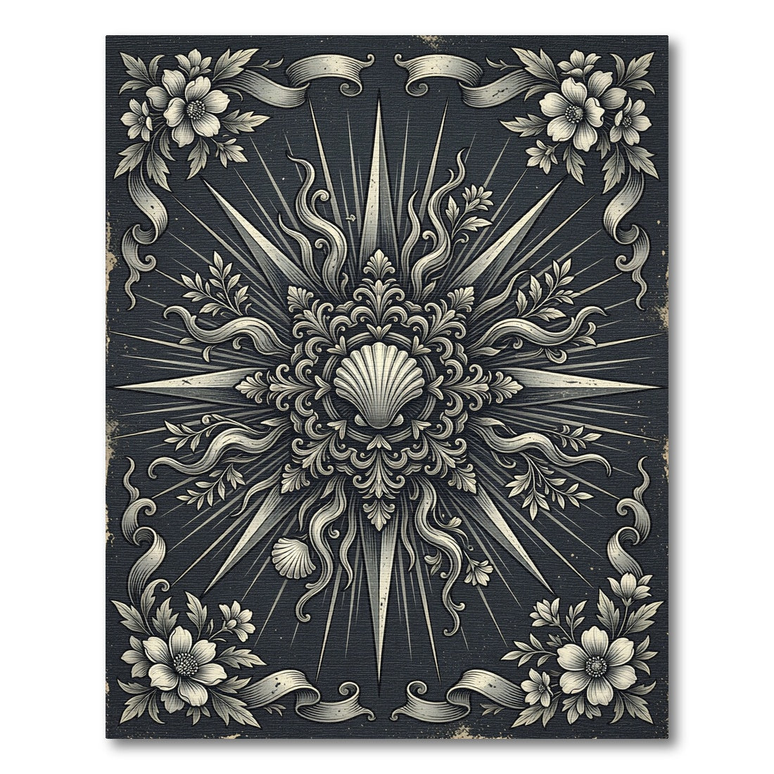 Vintage Charcoal Seashell Sunburst Damask Rug