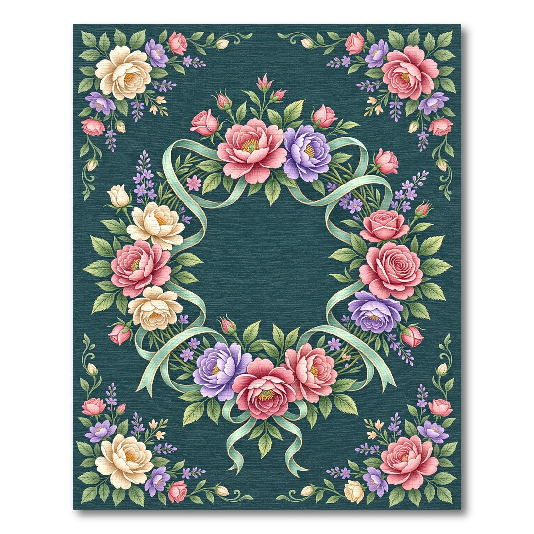 Pastel Rose Floral Ribbon Medallion Rug