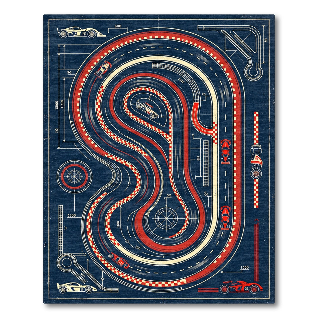Vintage Blueprint Racetrack Grand Prix Decor Rug