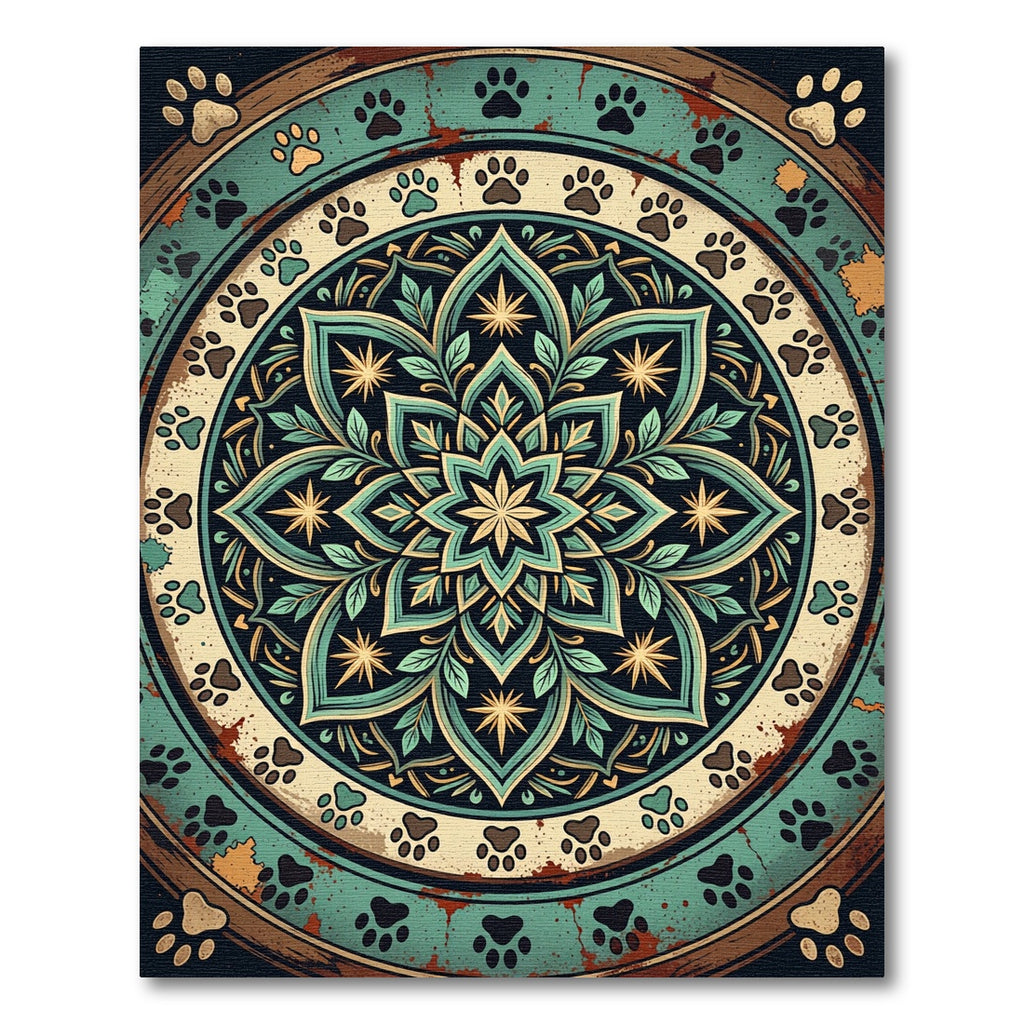 Earthy Teal Floral Paw Mandala Rug