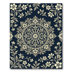 Navy Blue Cream Floral Damask Medallion Rug