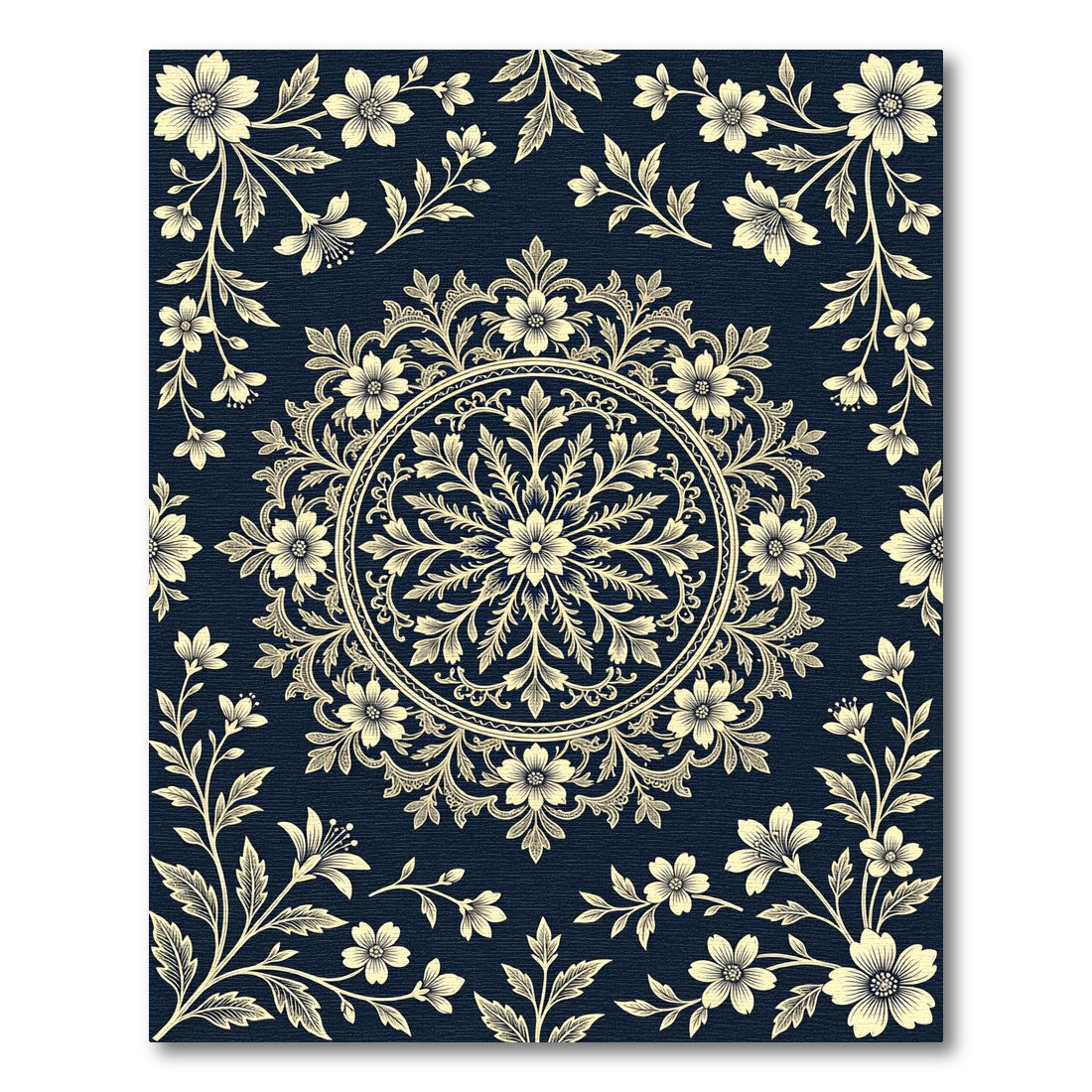 Navy Blue Cream Floral Damask Medallion Rug