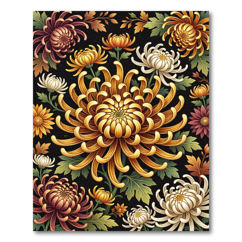 Golden Chrysanthemum Floral Black Botanical Rug
