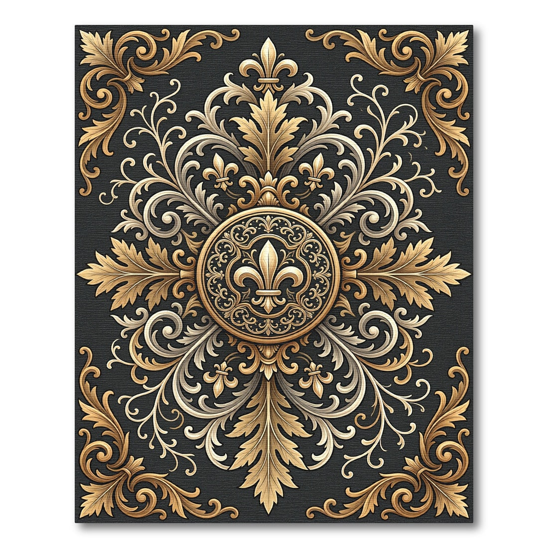 Ornate Golden Fleur de Lis Medallion Rug
