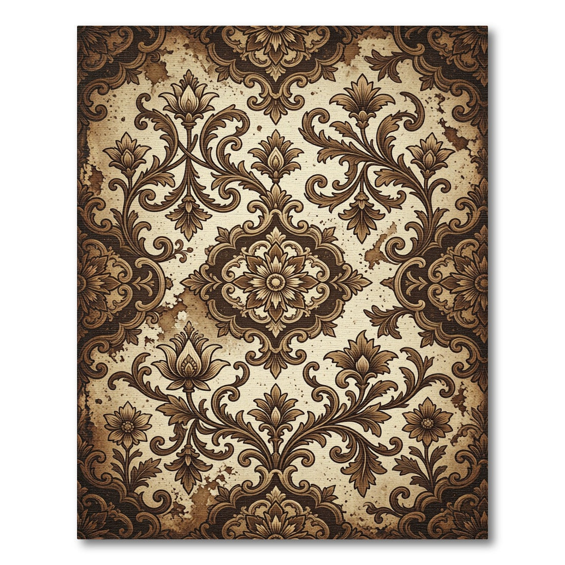 Vintage Brown Ornate Damask Scroll Rug