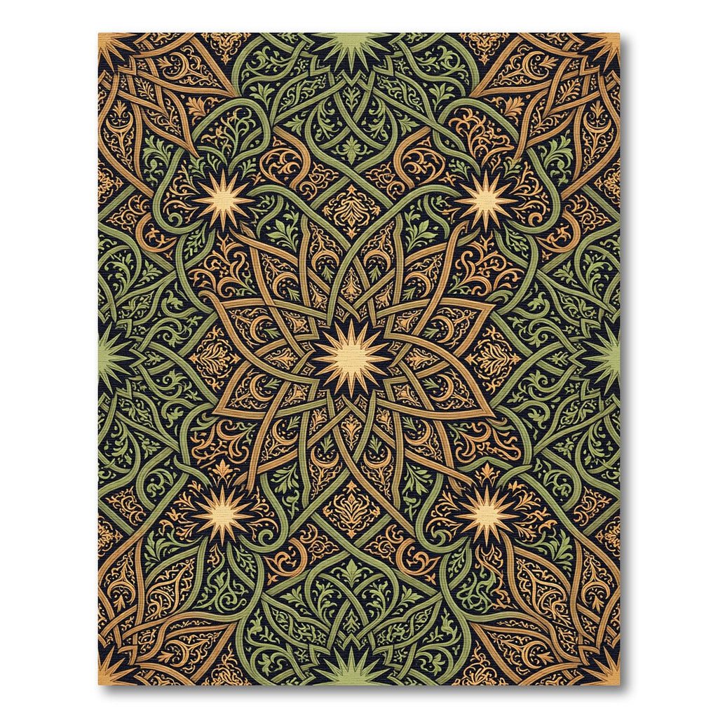 Intricate Gold Green Starburst Arabesque Rug