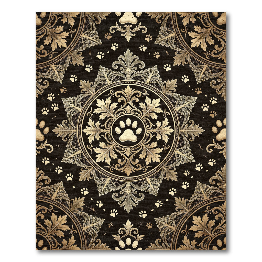 Ornate Gold Paw Damask Medallion Rug
