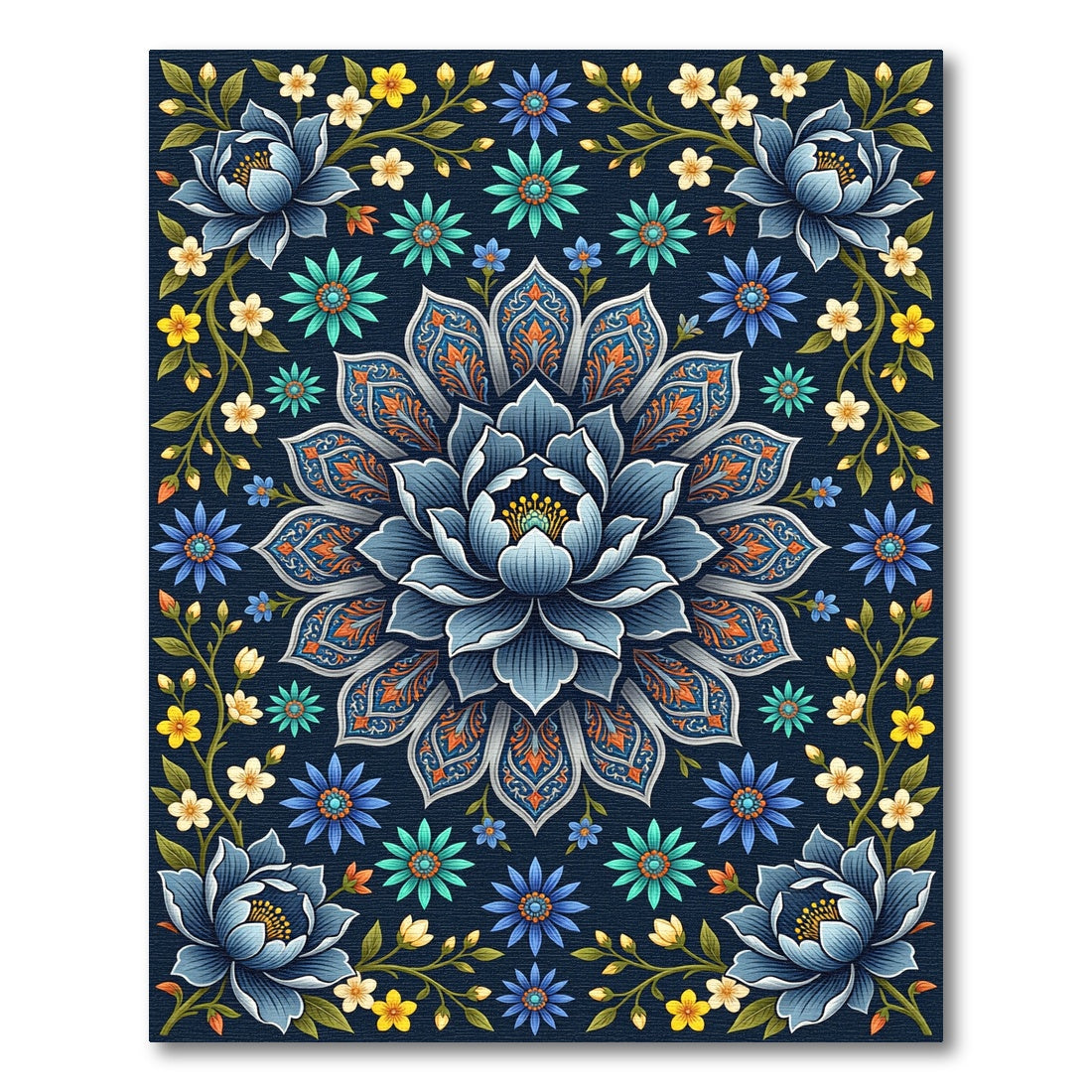 Elegant Navy Blue Lotus Floral Medallion Rug