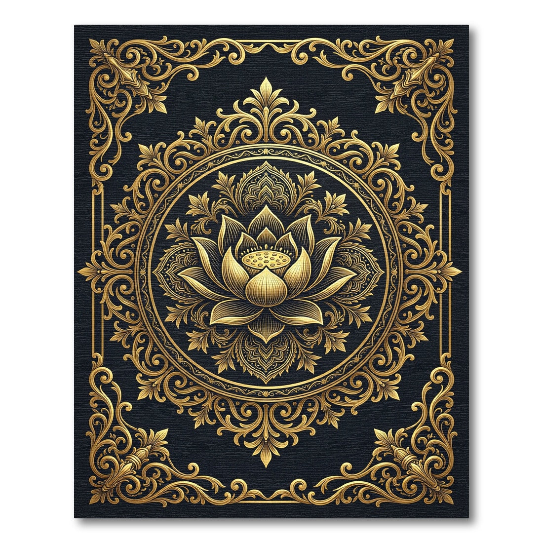 Golden Lotus Floral Medallion Black Backdrop Rug