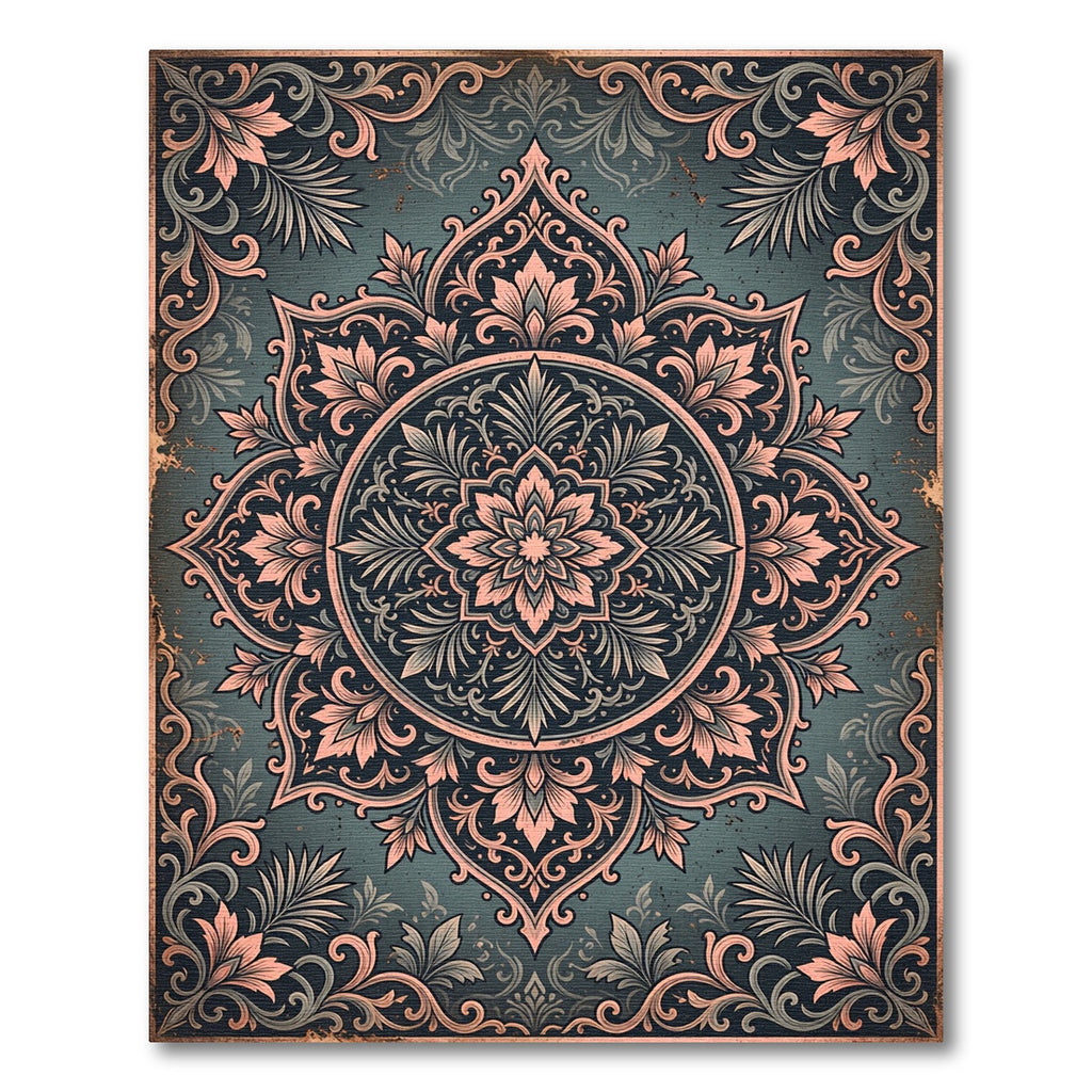 Deep Teal Rose Medallion Floral Rug