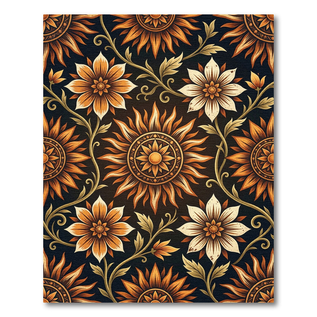 Golden Sunburst Floral Vine Medallion Rug