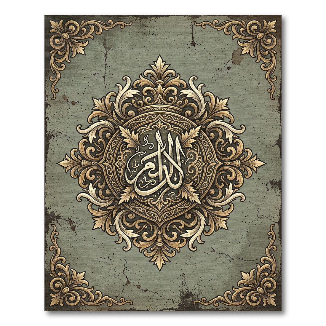 Vintage Gold Ornate Damask Medallion Rug