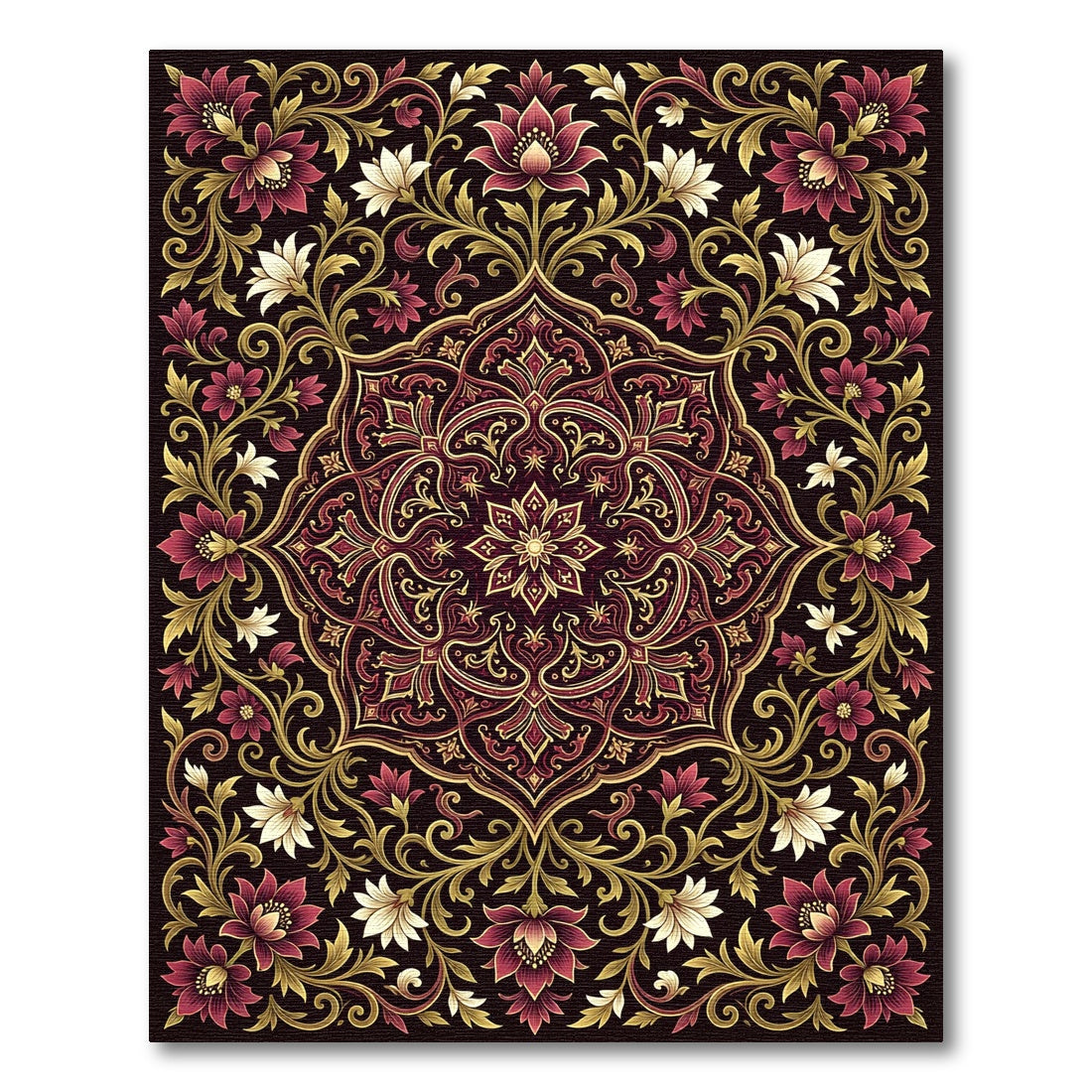 Ornate Crimson Floral Gold Medallion Rug