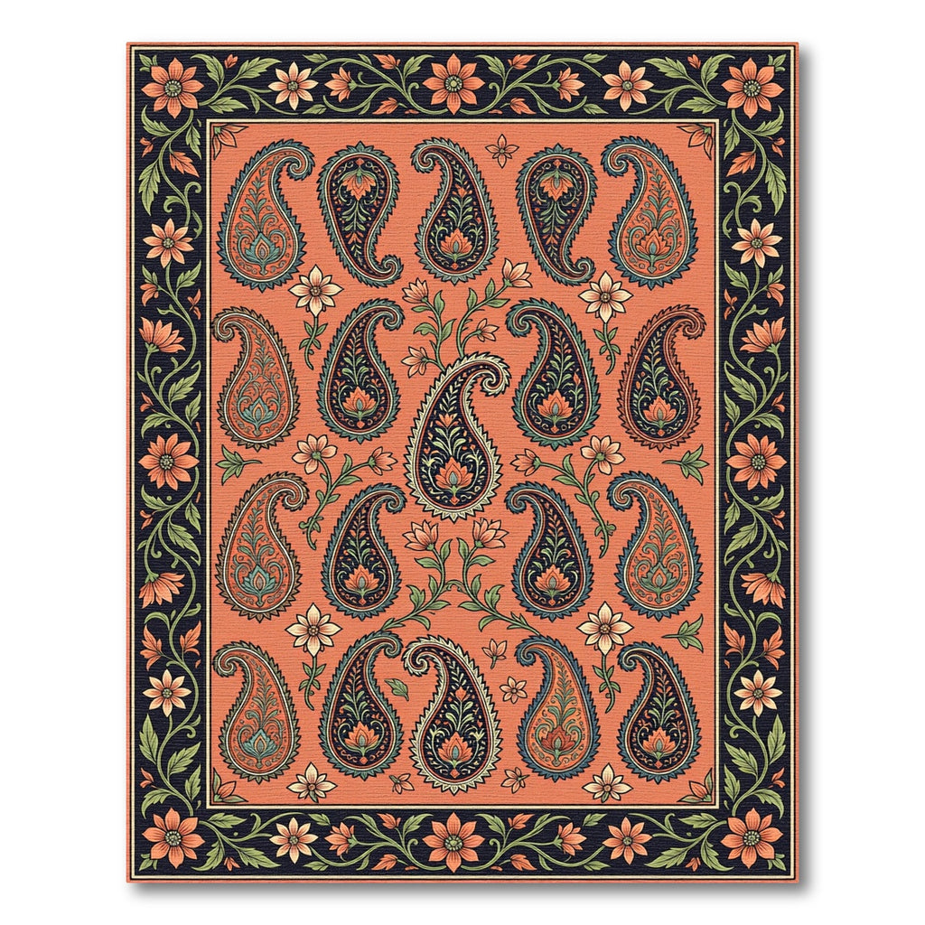 Coral Paisley Floral Border Rug