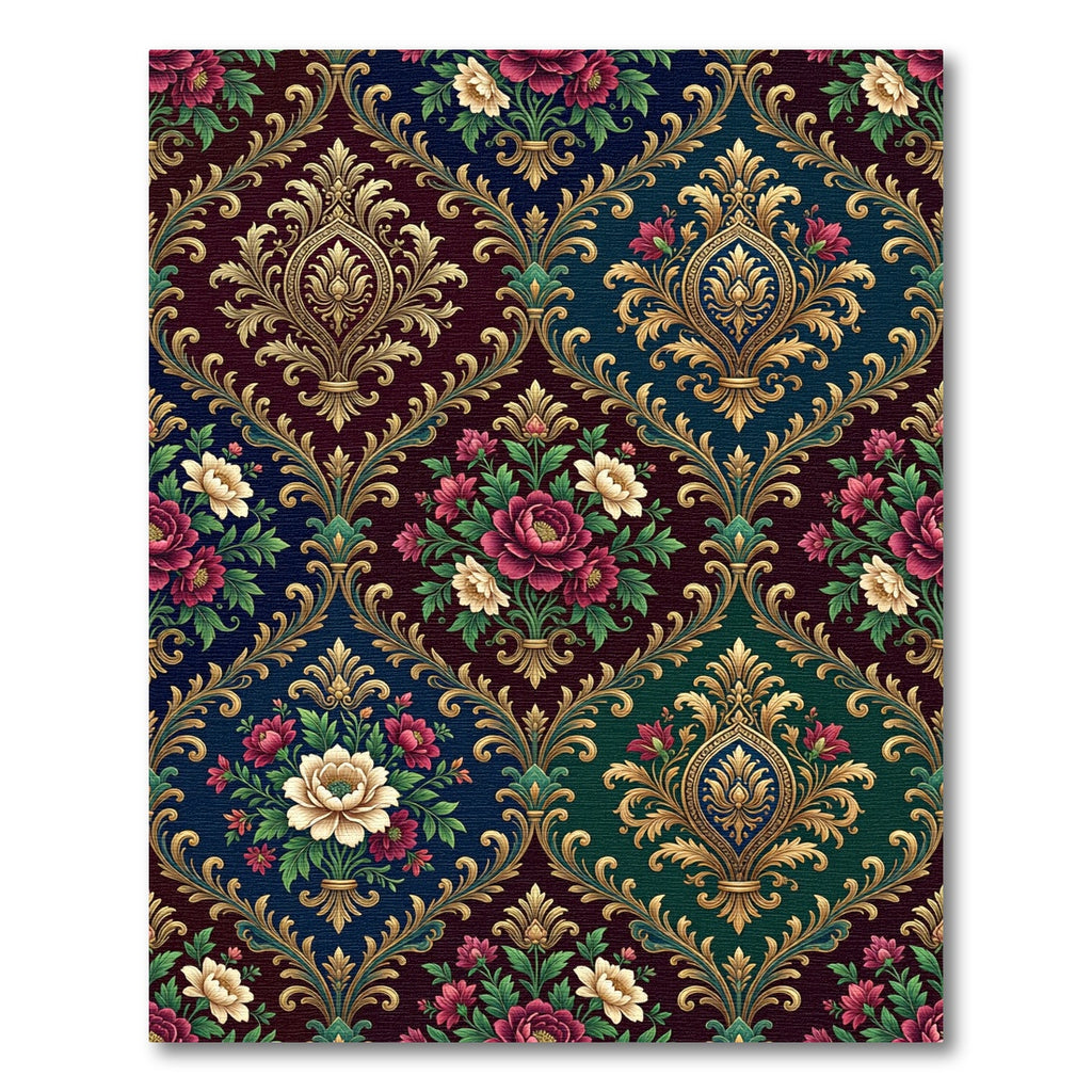 Ornate Jewel Tone Floral Damask Grid Rug