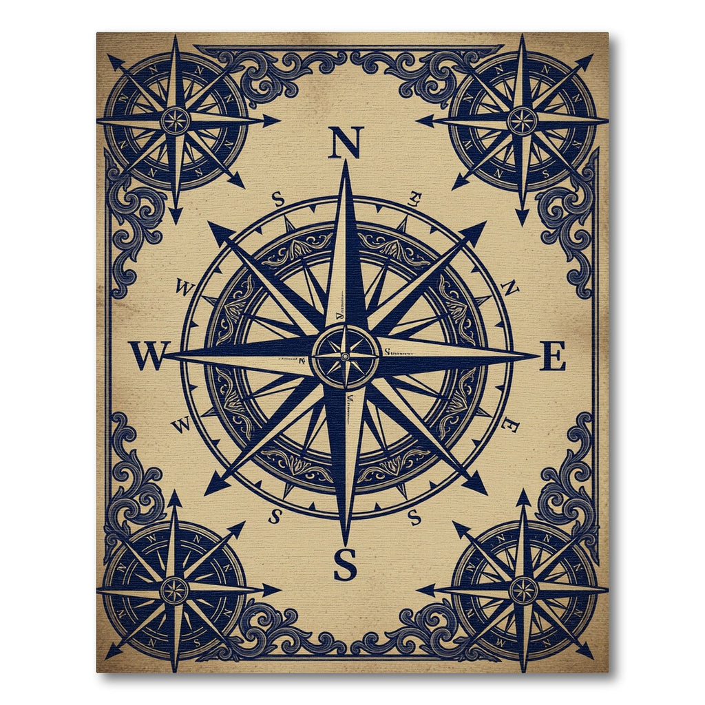 Vintage Navy Nautical Compass Scroll Rug