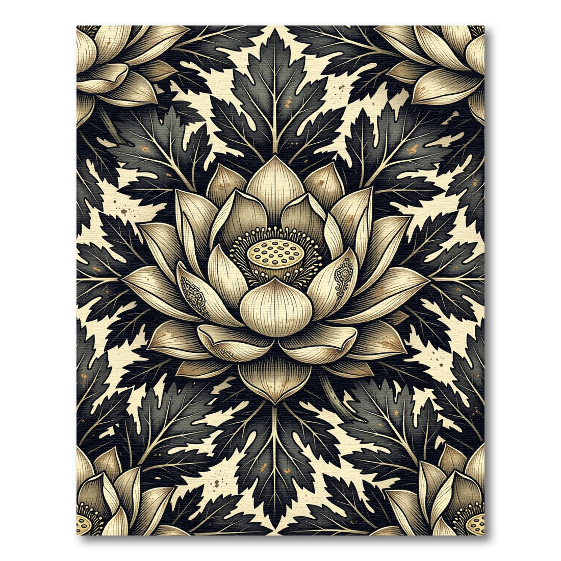 Vintage Black and Gold Lotus Medallion Rug