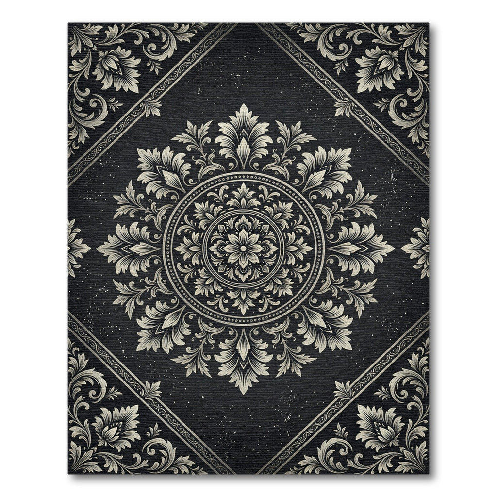 Ornate Black and White Floral Medallion Rug