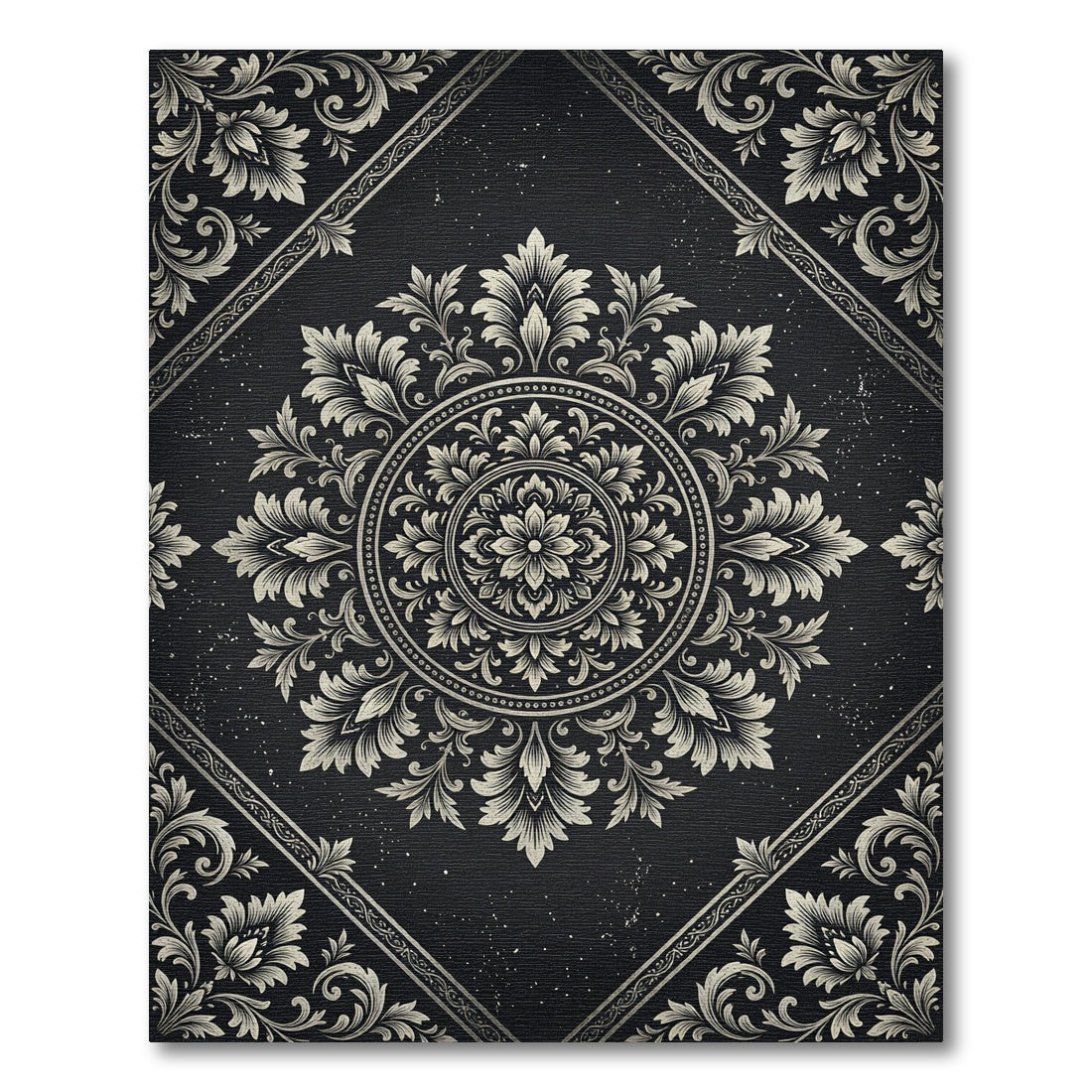 Ornate Black and White Floral Medallion Rug
