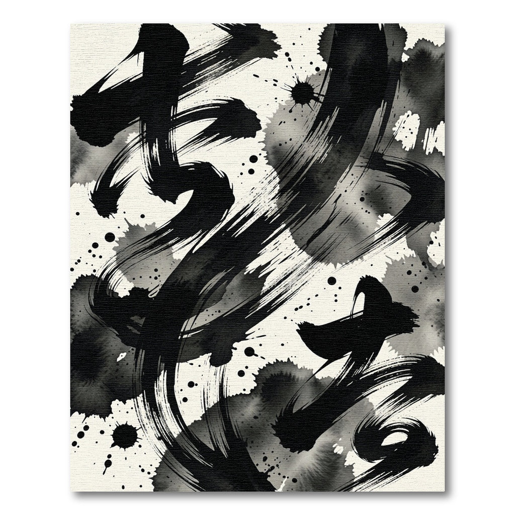 Bold Black Ink Splatter Calligraphy Rug