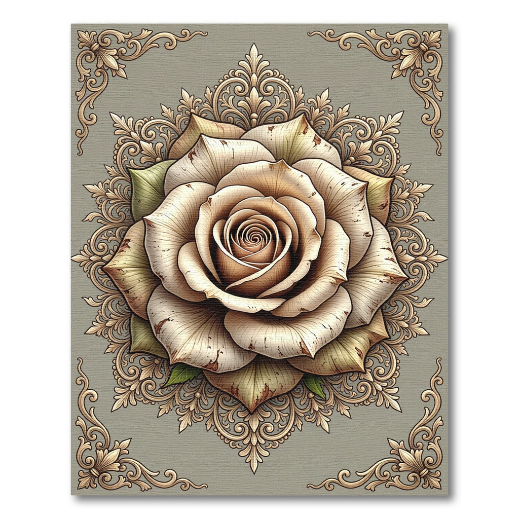 Vintage Beige Rose Floral Ornate Medallion Rug