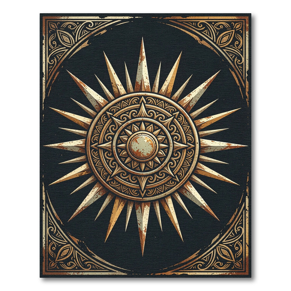 Antique Gold Sunburst Celestial Medallion Rug