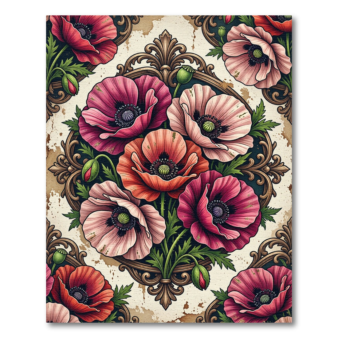 Elegant Poppy Floral Baroque Medallion Rug