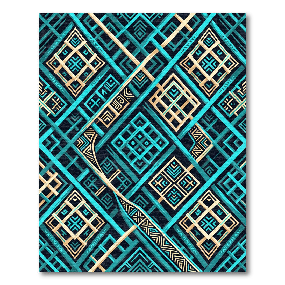 Geometric Teal and Gold Interlocking Grid Rug