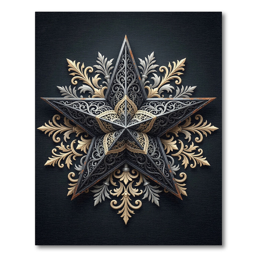 Ornate Golden Silver Star Mandala Rug