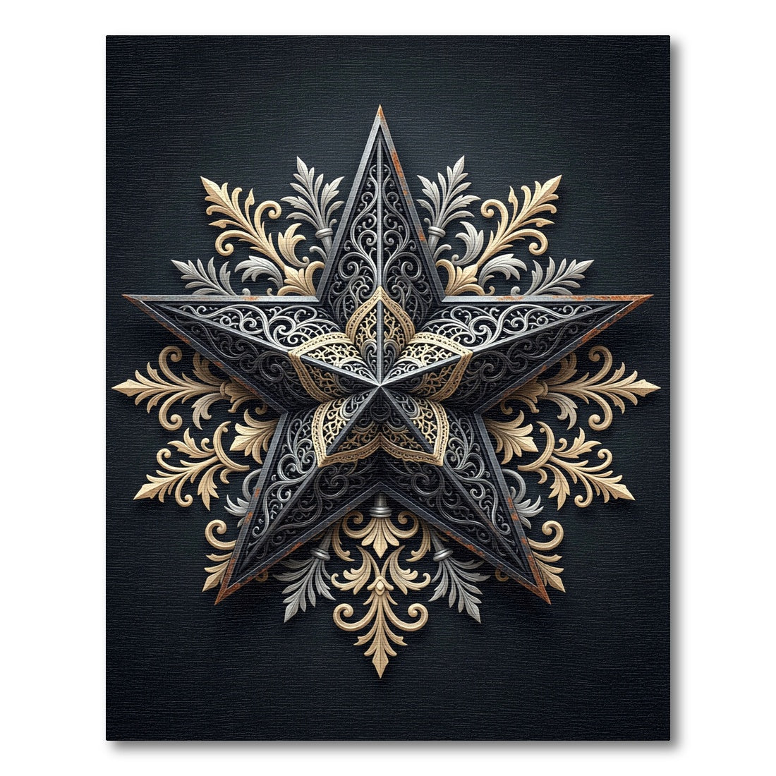 Ornate Golden Silver Star Mandala Rug