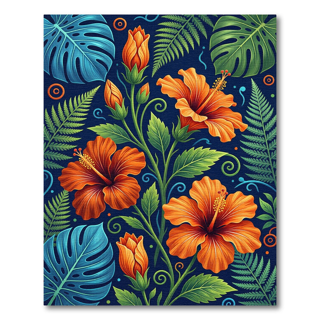Lush Tropical Hibiscus and Fern Foliage Rug