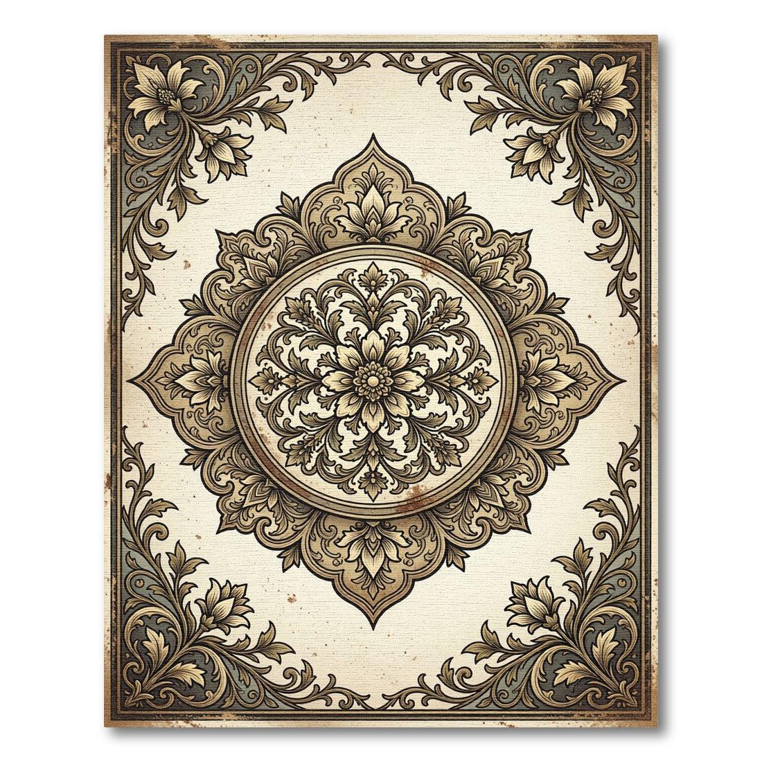 Vintage Sepia Floral Medallion Scroll Rug