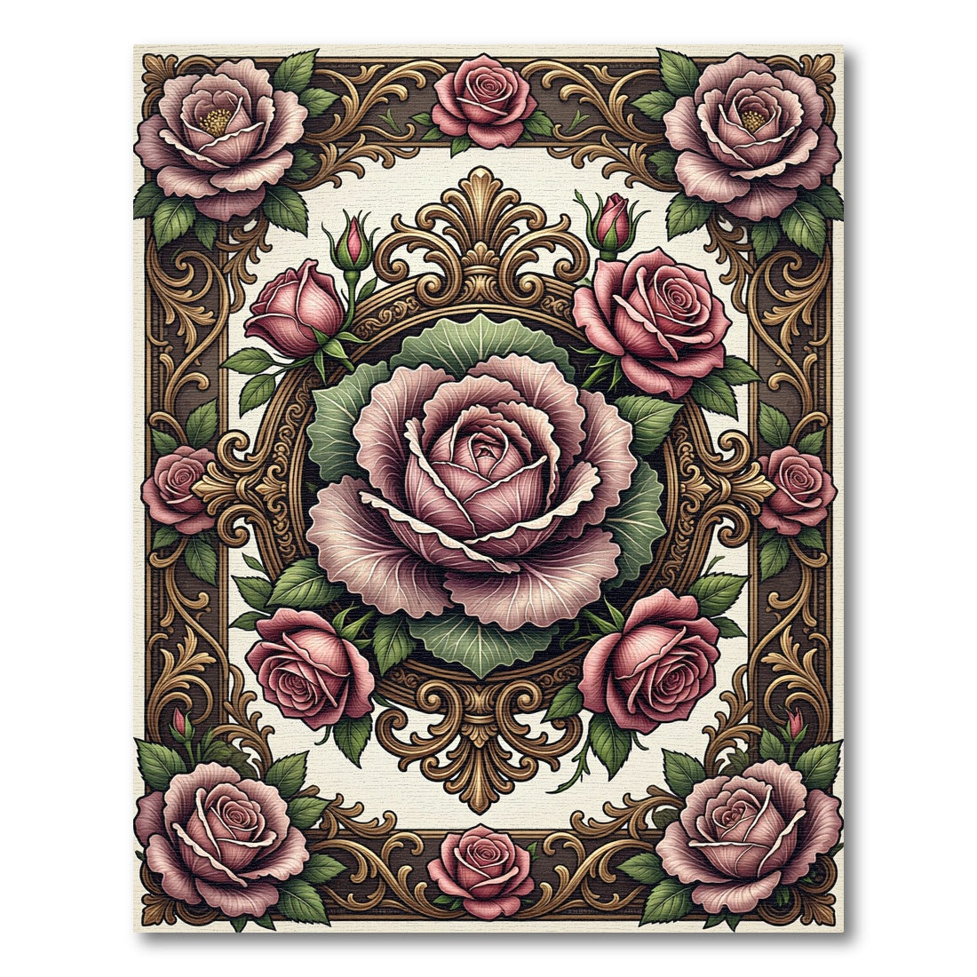 Ornate Pink Roses Floral Frame Rug