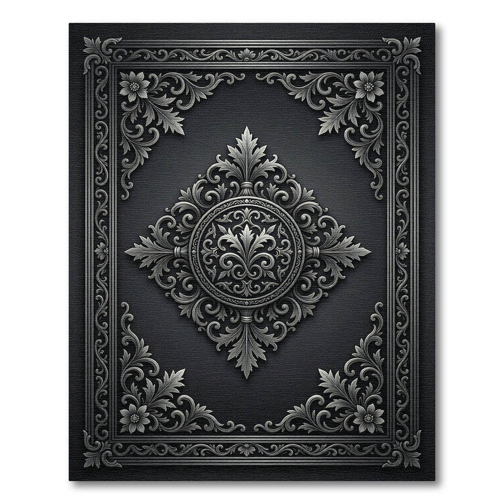 Dark Gray Ornate Floral Medallion Rug
