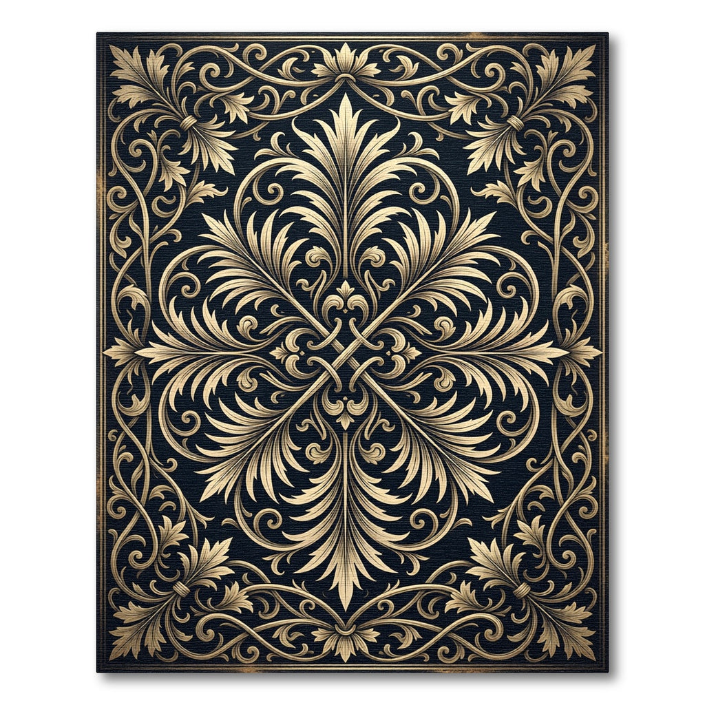 Elegant Gold Damask Scroll Black Tapestry Rug