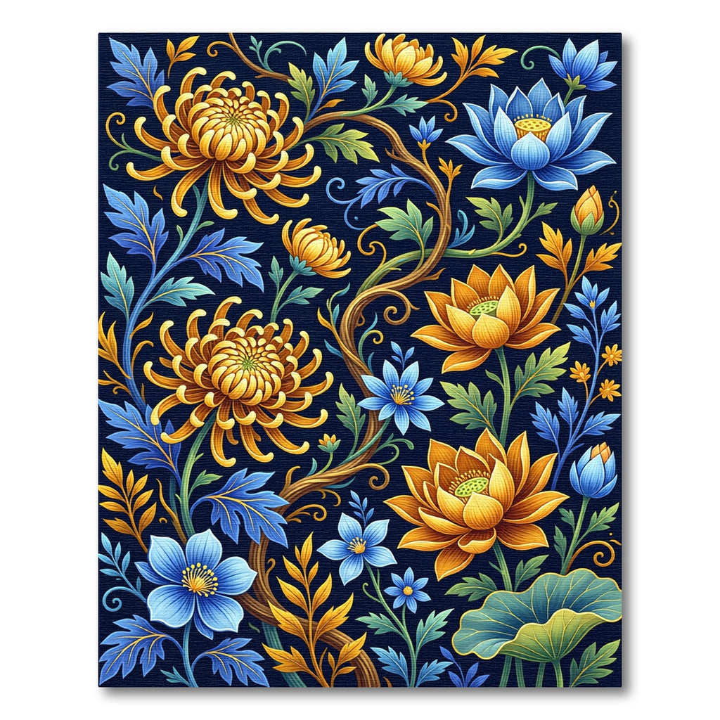 Golden Chrysanthemum and Sapphire Lotus Botanical Rug