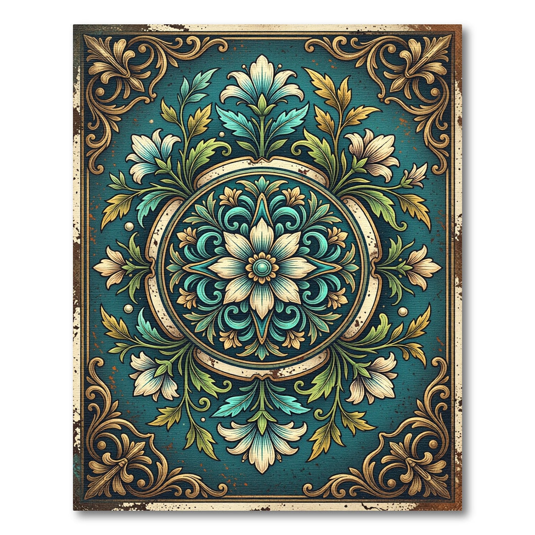 Ornate Teal Floral Damask Medallion Rug