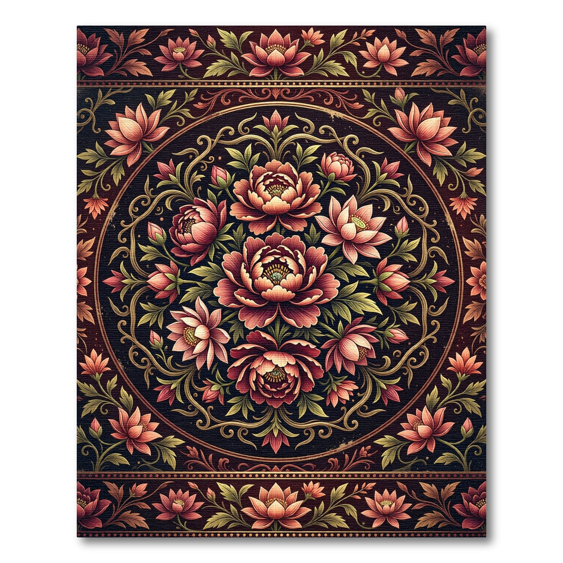 Ornate Crimson Lotus Floral Medallion Rug